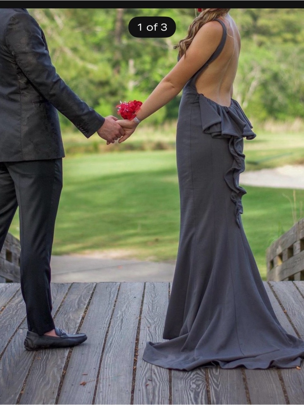 JVN by Jovani Charcoal Gray Open-Back Ruffle Gown